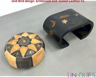 Lot 427 2pc Furniture Lot. Asian Lacquered Low Table. Lotus and Bird design. Embossed and Tooled Leather Fo