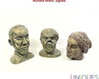 Lot 436 3pc R DORE Pottery Portrait Busts Heads. John Marks, Richard Nixon. Signed.