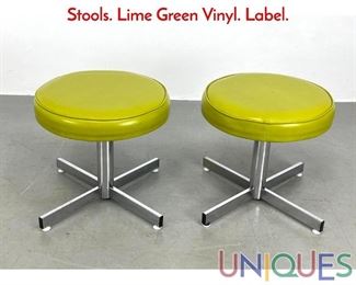 Lot 440 Pr JANSKO of CALIF Chrome Pedestal Stools. Lime Green Vinyl. Label.