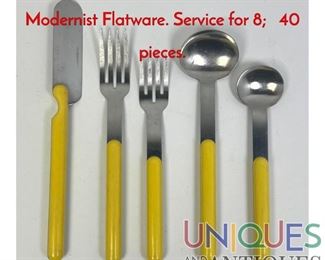 Lot 447 LAUFFER Yellow Handled Stainless Modernist Flatware. Service for 8 40 pieces.