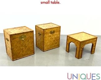 Lot 458 3pcs Rattan Furniture. Pair trunk side tables, small table.