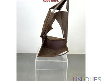 Lot 462 Artist Signed Welded Iron Abstract Sculpture on Lucite cube base.