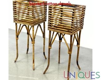 Lot 463 Pr Rattan Square Planters on Stands. Stacked rattan dowels.