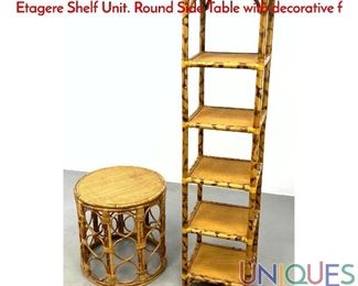 Lot 464 2pc Rattan and Woven Fiber Items. Tall Narrow Etagere Shelf Unit. Round Side Table with decorative f