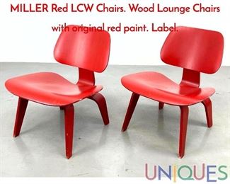Lot 469 CHARLES EAMES for HERMAN MILLER Red LCW Chairs. Wood Lounge Chairs with original red paint. Label.