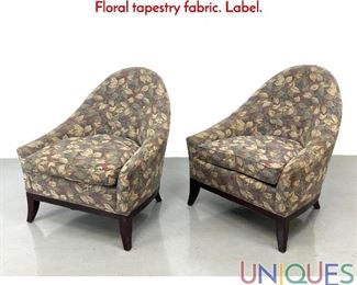 Lot 470 Pr HICKORY CHAIR Arched Back Lounge Chairs. Floral tapestry fabric. Label.