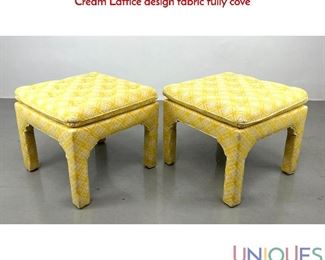Lot 472 Pr Billy Baldwin style Upholstered Benches Stools. Yellow and Cream Lattice design fabric fully cove