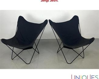 Lot 476 Pr Iron Butterfly Modernist Lounge Chairs. Black Canvas Slings Seats.