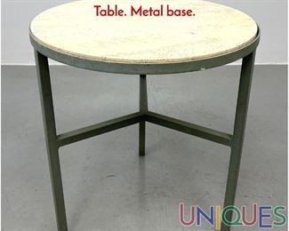 Lot 481 Mid Century 3 Leg Travertine Top Side Table. Metal base.