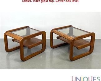 Lot 483 Pr LOU HODGES Oak Modernist Two Tier Side, End Tables. Inset glass top. Lower oak level.