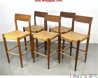 Lot 488 Set 5 Danish Modern Teak Bar Stools. Woven Rattan Seats and Wrapped Trim.