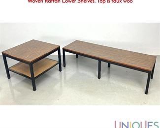 Lot 490 2pc Dunbar style Modernist Tables. Ebonized frames with Woven Rattan Lower Shelves. Top is faux woo