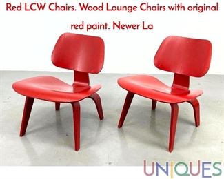 Lot 502 CHARLES EAMES for HERMAN MILLER Red LCW Chairs. Wood Lounge Chairs with original red paint. Newer La