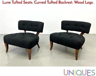 Lot 508 Pr Modernist Designer Lounge Chairs. Demi Lune Tufted Seats. Curved Tufted Backrest. Wood Legs.