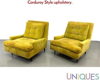 Lot 516 Pair Mid Century Modern Lounge Chairs. Yellow Corduroy Style upholstery.