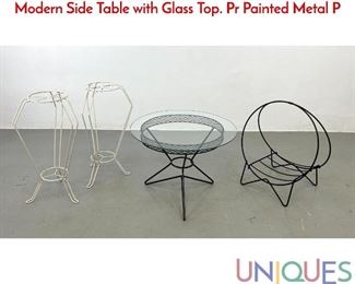 Lot 525 4pc Outdoor Garden Metal Pieces. Seriously Cool Modern Side Table with Glass Top. Pr Painted Metal P