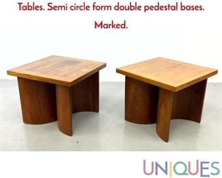 Lot 526 Pr KROHLER 1972 Danish Modern Teak Side Tables. Semi circle form double pedestal bases. Marked.