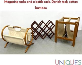 Lot 533 3pcs Mid Century Modern Accessories. 2 Magazine racks and a bottle rack. Danish teak, rattan bamboo
