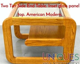 Lot 534 LOU HODGES Oak and Glass Two Tier Side End Table. Inset glass panel top. American Modern.