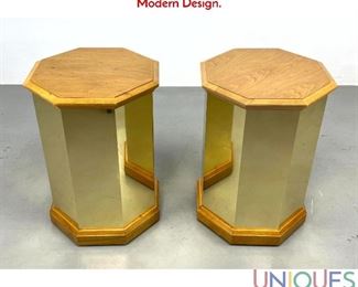 Lot 537 Pr Octagonal Brass Side Wood Top Side Tables. Modern Design.