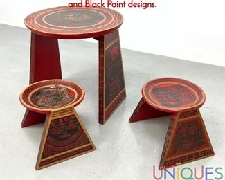 Lot 542 Set 3 Round Tribal Paint Decorated Side Tables. Red and Black Paint designs.