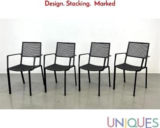 Lot 550 Set 4 FAST made in Italy Arm Chairs. thin Slat Design. Stacking. Marked