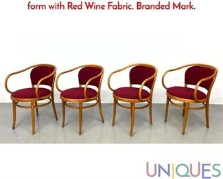 Lot 556 Set 4 THONET Bentwood Arm Chairs. Elegant form with Red Wine Fabric. Branded Mark.