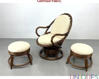 Lot 557 3pc Dark Rattan Lounge Chair. Pr Ottoman. Tweedy Oatmeal Fabric.