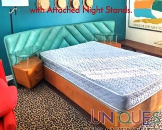 Lot 567 Designer Curved Back Platform Bed with Attached Night Stands.