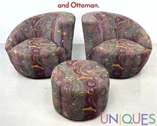 Lot 570 3pcs Kagan Style Swivel Lounge Chairs and Ottoman.