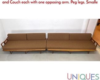 Lot 584 2pc Modern Sectional Seating Sofa. Love Seat and Couch each with one opposing arm. Peg legs. Smalle