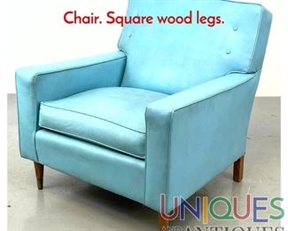 Lot 586 Blue Turquoise Vinyl Arm Lounge Chair. Square wood legs.