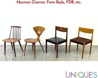 Lot 587 Set 4 Mid Century Modern Chairs. Including Norman Cherner, Frem Rojle, FDB, etc.