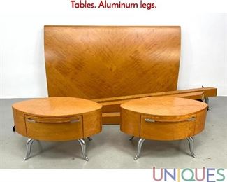 Lot 592 Maurice Villency Bed with Two Night Stand Side Tables. Aluminum legs.