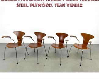 Lot 601 Set 4 Early Arne Jacobsen Arm Chairs. Model 3105. Nickelplated tubular steel, plywood, teak veneer