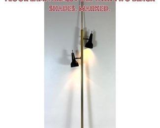 Lot 634 LIGHTOLIER Modernist Tension Floor Lamp. Brass Pole with Two Black Shades. Marked. 
