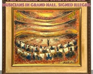 Lot 654 Signed Painting of Orchestra Performance with Conductor and Musicians in Grand Hall. Signed Illegibl