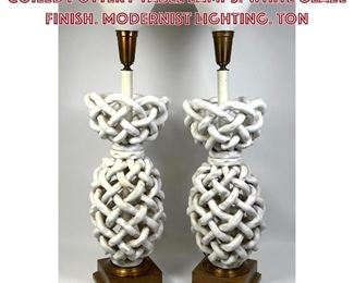 Lot 657 Pr Large Heavy Woven Twisted Coiled Pottery Table Lamps. White Glaze Finish. Modernist Lighting. TON