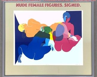 Lot 681 BERTONE Signed Abstract Figural Modernist Print. Three Muses Colorful Nude Female Figures. Signed.