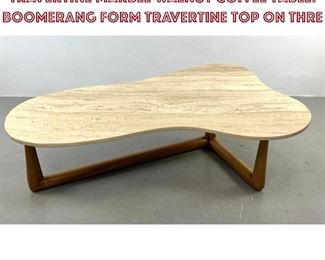 Lot 703 Robsjohn Gibbings style Travertine Marble Walnut Coffee Table. Boomerang form Travertine Top on Thre