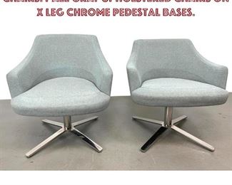 Lot 714 Pr CUMBERLAND Swivel Lounge Chairs. Pale gray upholstered chairs on X leg chrome pedestal bases. 