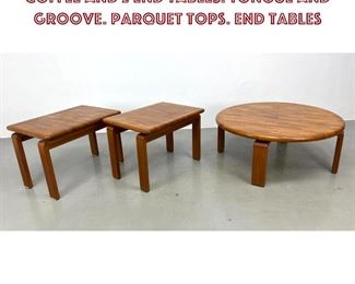 Lot 719 Set 3 DSAN Teak Tables. Round coffee and 2 end tables. Tongue and groove. Parquet Tops. End tables