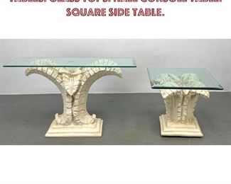 Lot 724 2pc Sirmos style Plaster Palm Leaf Tables. Glass Tops. Hall Console Table. Square Side Table. 