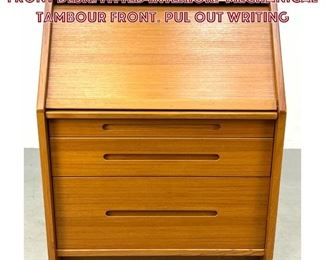 Lot 729 SUN CABINET Modern Teak Drop Front Desk. Fitted Interior. Mechanical Tambour front. Pul out writing