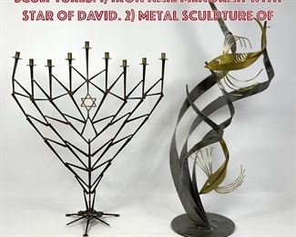 Lot 751 2pc Mixed Metal Modernist Sculptures. 1 Iron Nail Menorah with Star of David. 2 Metal sculpture of