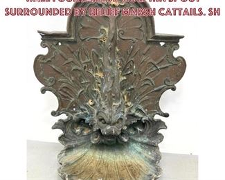 Lot 772 Ornate Antique Bronze Garden Wall Fountain. 3D Dolphin Spout surrounded by relief marsh cattails. Sh