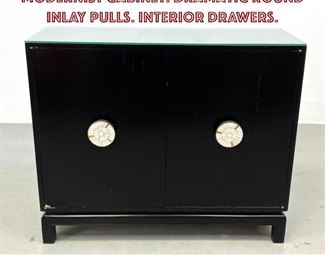 Lot 794 Black Lacquered Two Door Modernist Cabinet. Dramatic Round Inlay Pulls. Interior Drawers.