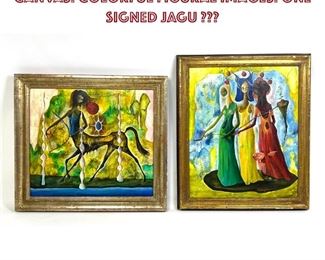 Lot 802 Pr Surrealist Paintings on Canvas. Colorful figural images. One signed JAGU 