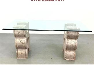 Lot 838 Heavy stone based console table with glass top. 