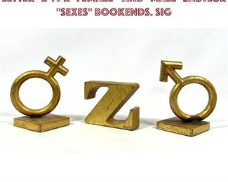 Lot 848 3pc C JERE Gilt Iron Bookends. The Letter Z. Pr Female and Male SAUTEUR Sexes Bookends. Sig